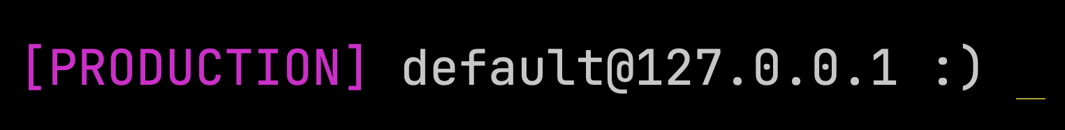 ClickHouse client prompt with production connection using YAML